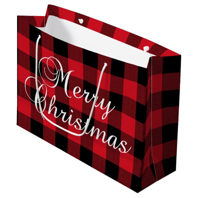 Red & Black Chevron Buffalo Plaid Merry Christmas Large Gift Bag (Front Angled)