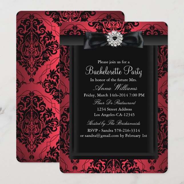 Red & Black Chic Damask Bachelorette Party Invitation (Front/Back)