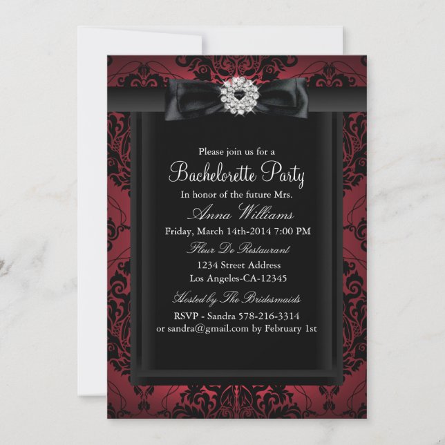 Red & Black Chic Damask Bachelorette Party Invitation (Front)