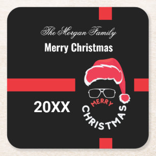 Red Black Christmas Holiday Party Square Paper Coaster