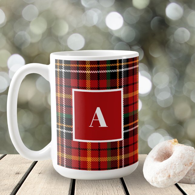Red Black Classic Christmas Plaid Monogram Initial Coffee Mug (Creator Uploaded)