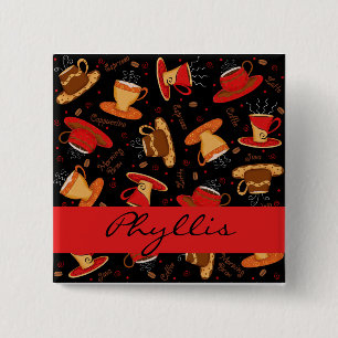 Red & Black Coffee Cups Name Personalised Pin