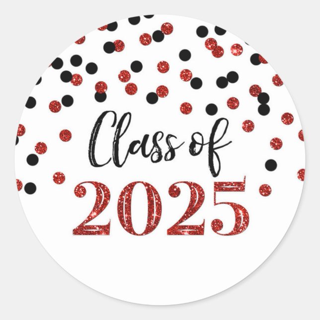 Red Black Confetti Graduation 2025 Classic Round Sticker (Front)