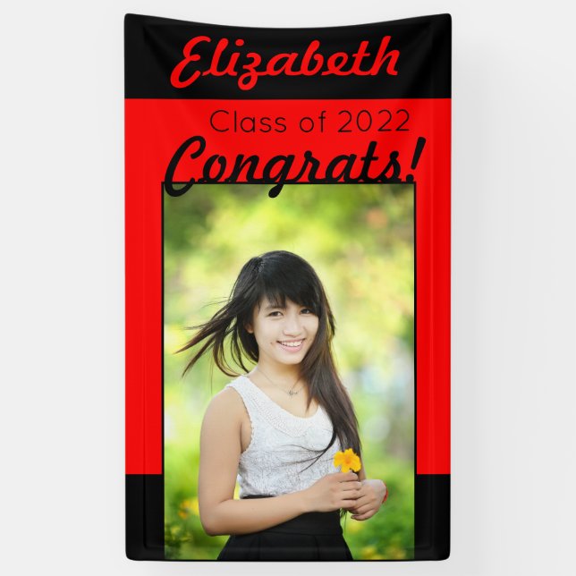 Red & Black Congrats One Photo Graduation Party Banner (Vertical)