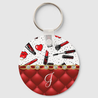 Red Black Cosmetic Rhinestone Faux Tufted Key Ring