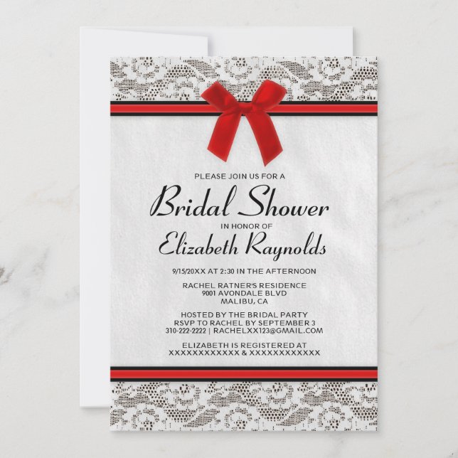 Red & Black Country Lace Bridal Shower Invitations (Front)