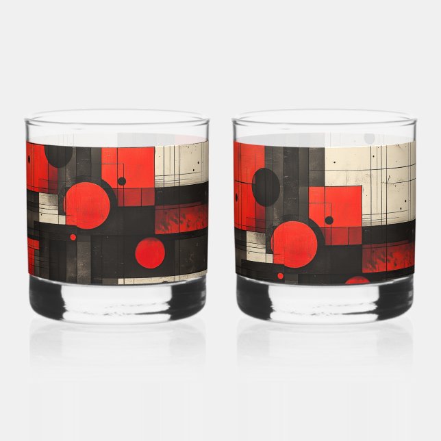 Red Black Cream Geometric Pattern Whiskey Glass (Front)