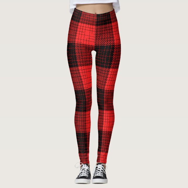  Red Black Crosshatch Buffalo Check Leggings (Front)