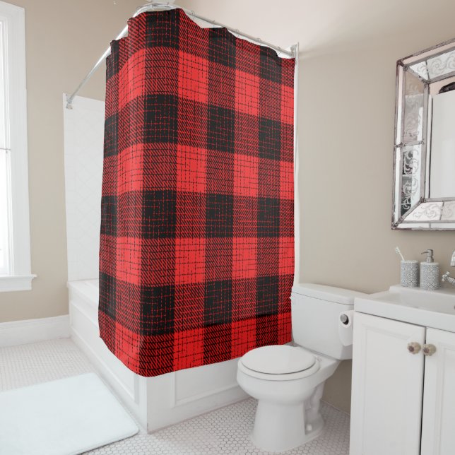  Red Black Crosshatch Buffalo Check Shower Curtain (In Situ)