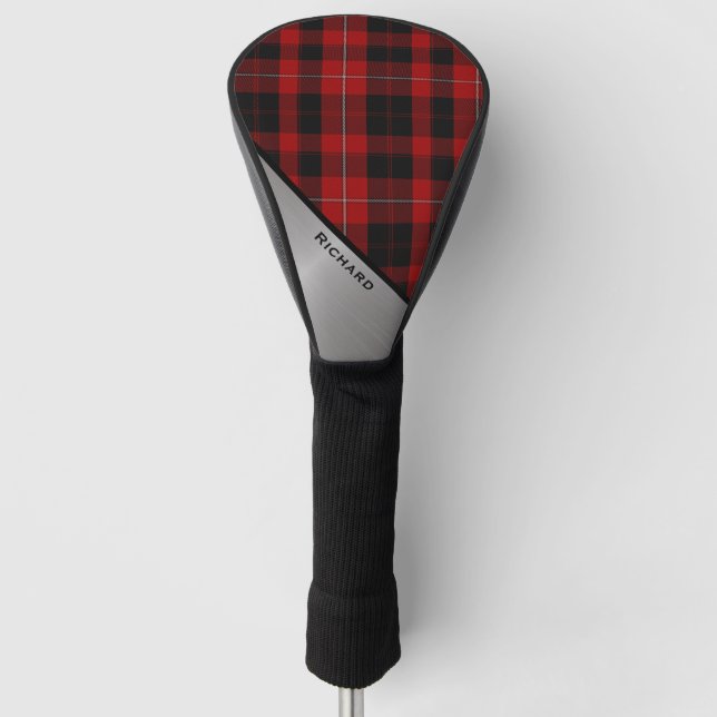 Red & Black Cunningham Plaid & Aluminium Look Golf Head Cover (Front)