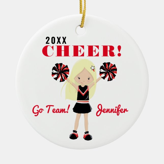 Red & Black Cute Blonde Cheerleader Ornament (Front)