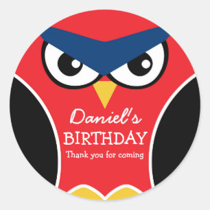 Red Black Cute Owl Birthday Party Sticker for Kids