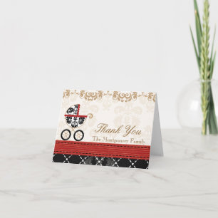 RED Black Damask Baby Carriage Shower Thank You Card