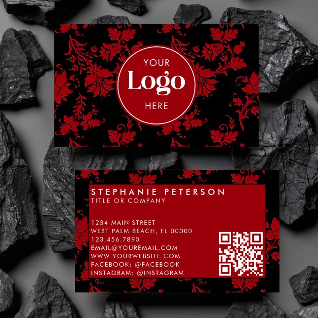 Red & Black Damask Custom Logo QR Code Template Business Card (Creator Uploaded)