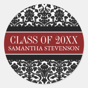 Red Black Damask Graduation Custom Year Name Classic Round Sticker