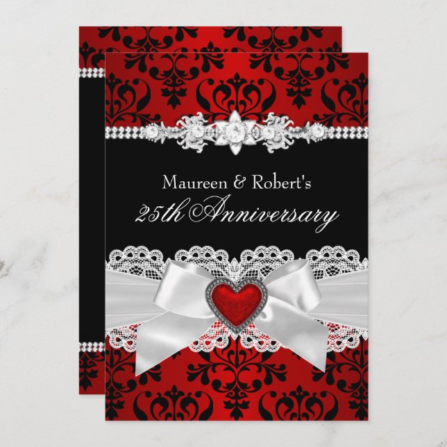 Red Black Damask Heart Bow 25th Anniversary Invitation (Front/Back)