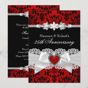 Red Black Damask Heart Bow 25th Anniversary Invitation