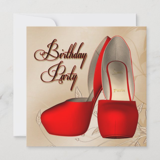 Red Black Damask High Heel Shoes Birthday Party Invitation (Front)