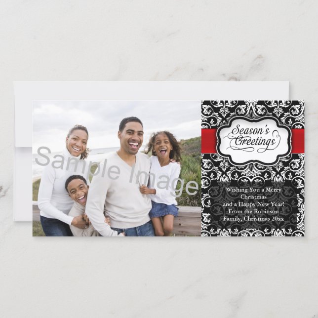 Red/Black Damask Holiday Card (Front)
