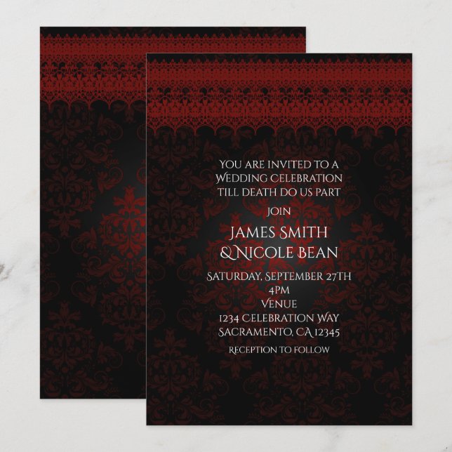 Red Black Damask & Lace Gothic Romantic Invitation (Front/Back)