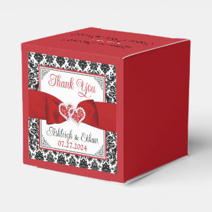 Red, Black Damask Love Hearts Wedding Favour Box