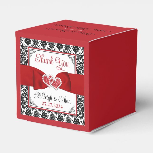 Red, Black Damask Love Hearts Wedding Favour Box (Back Side)