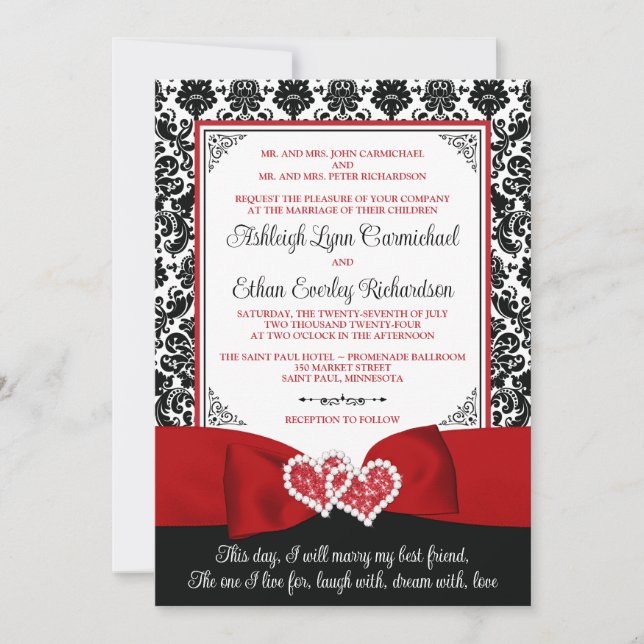 Red, Black Damask Love Hearts Wedding Invitation (Front)