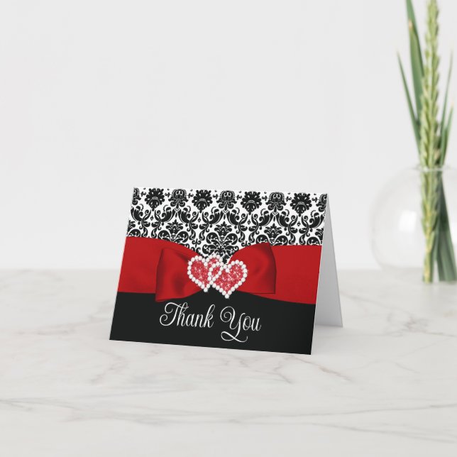Red, Black Damask Love Hearts Wedding Thank You Card (Front)