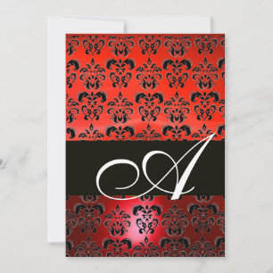 RED  BLACK  DAMASK MONOGRAM ,bright white Invitation