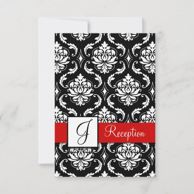 Red Black Damask Monogram Reception Card (Front)