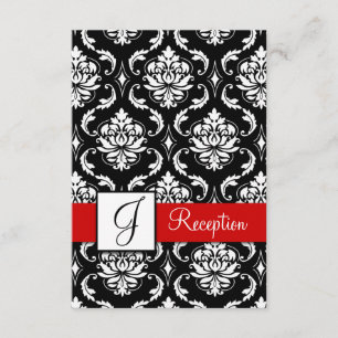 Red Black Damask Monogram Reception Card