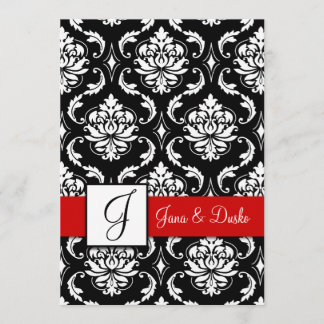 Red Black Damask Monogram Wedding Invitation