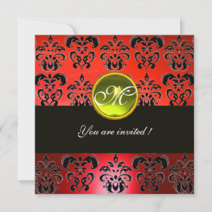RED BLACK DAMASK MONOGRAM, yellow topaz Invitation