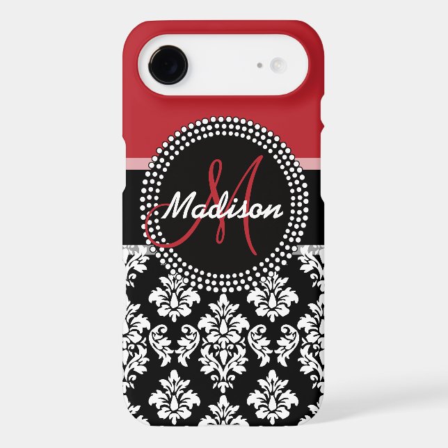 Red Black Damask Pattern, Your Name Monogram Case-Mate iPhone Case (Back)