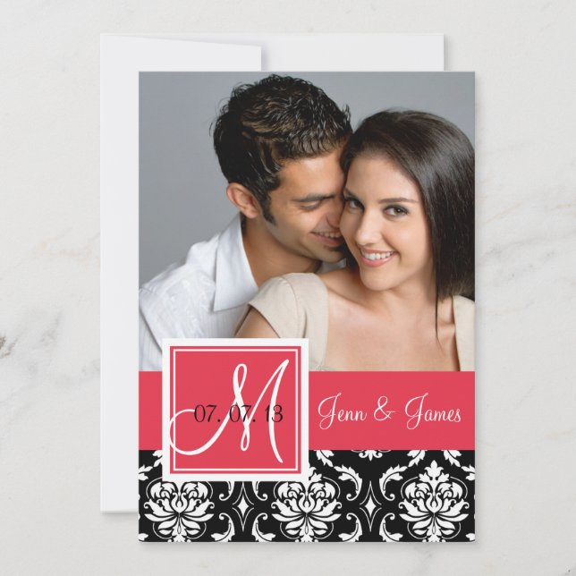 Red Black Damask Photo Save the Date (Front)