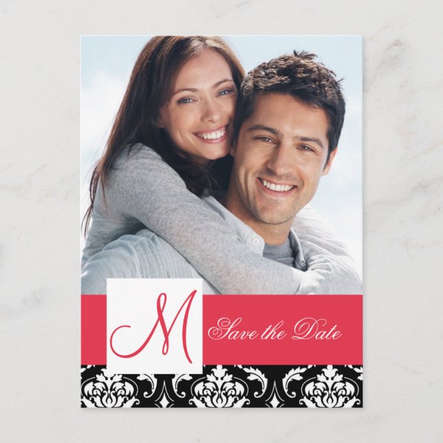 Red Black Damask Photo Save the Date Announcement Postcard (Front)