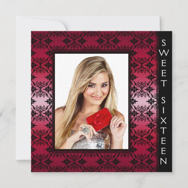 Red Black Damask Photo Sweet 16 Birthday Party Invitation (Front)