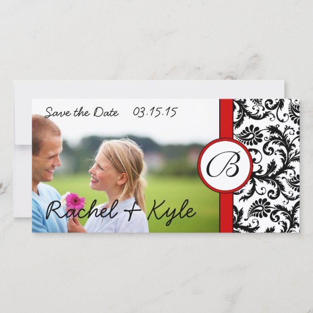 Red & Black Damask Save the Date Your Photo (Front)