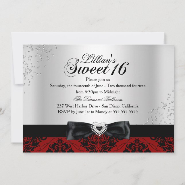 Red Black Damask Sparkle Sweet 16 Invite (Front)
