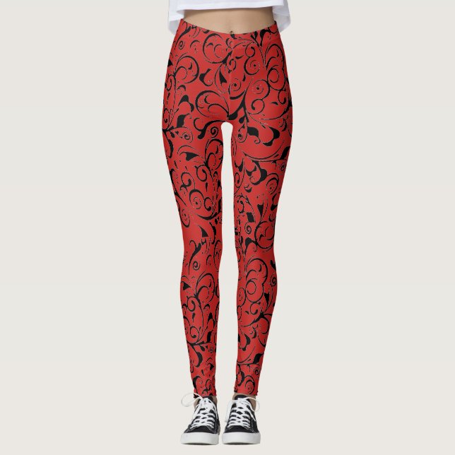Red black damask swirl pattern leggings (Front)