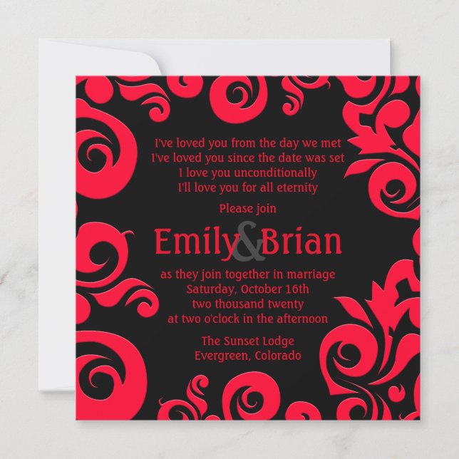Red black damask swirl wedding invitations (Front)