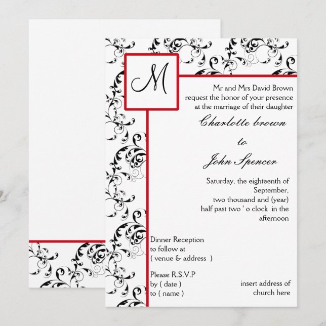 Red Black Damask Wedding Invitations (Front/Back)