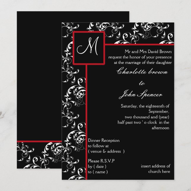 Red Black Damask Wedding Invitations (Front/Back)
