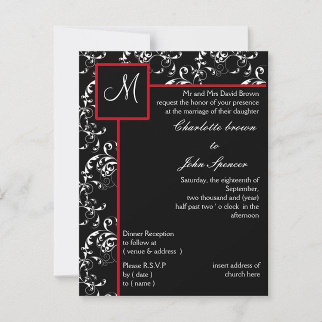 Red Black Damask Wedding Invitations (Front)