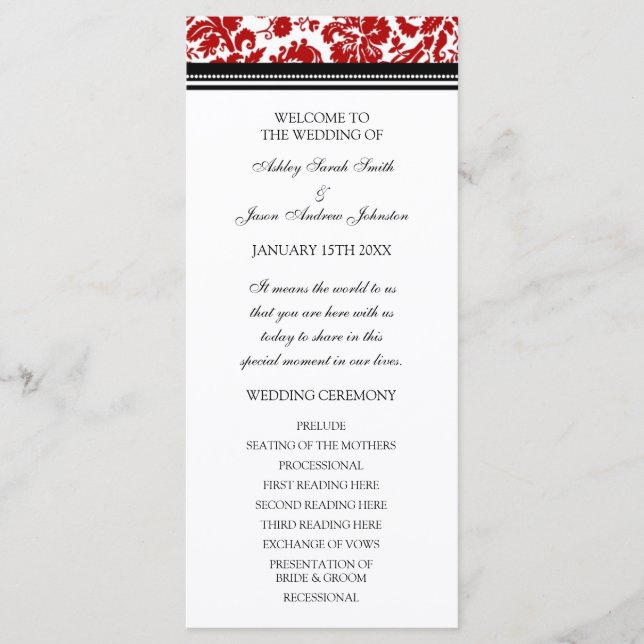 Red Black Damask Wedding Program Programme (Front)