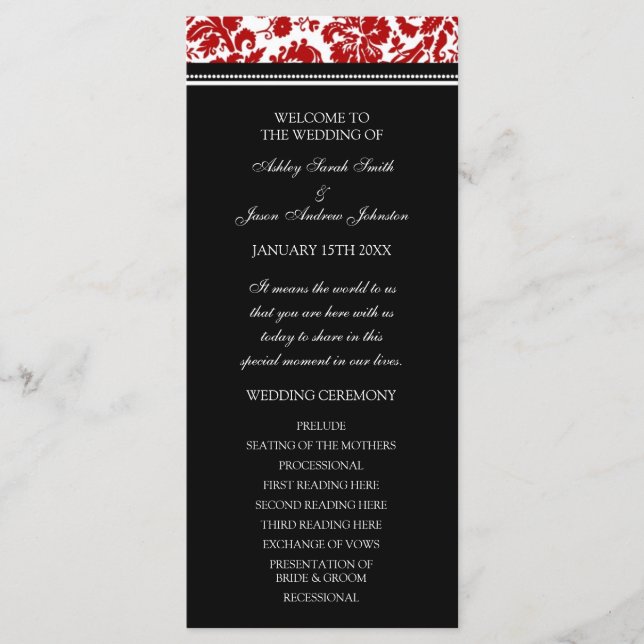 Red Black Damask Wedding Program Programme (Front)