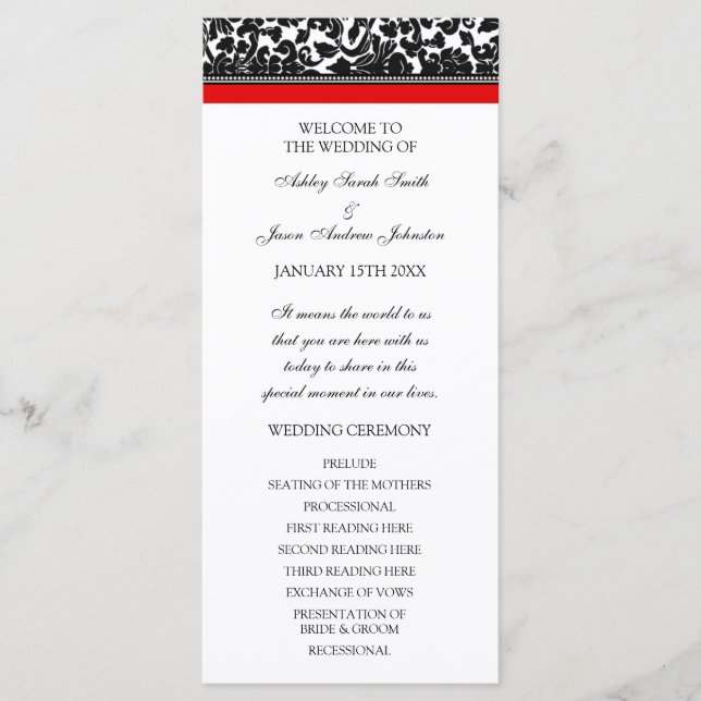 Red Black Damask Wedding Program Programme (Front)