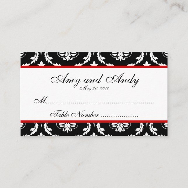 Red, Black Damask Wedding Seating Card (Front)