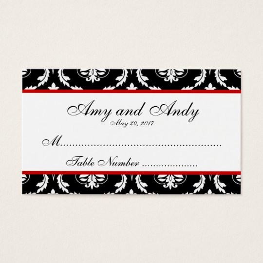 Red, Black Damask Wedding Seating Card