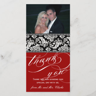 Red Black Damask Wedding Thank You Photo Card
